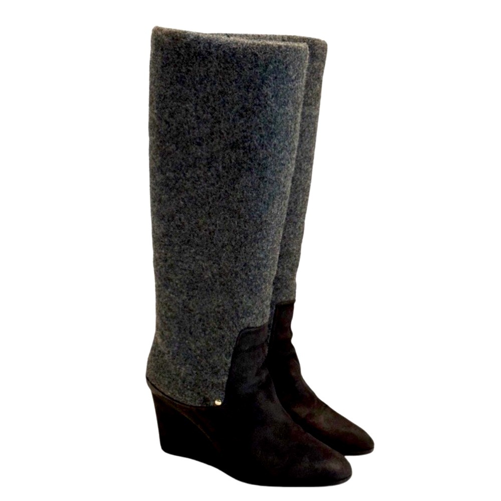 Designer Christian Dior CD Gray Suede & Wool Tall Knee High Wedge Boots